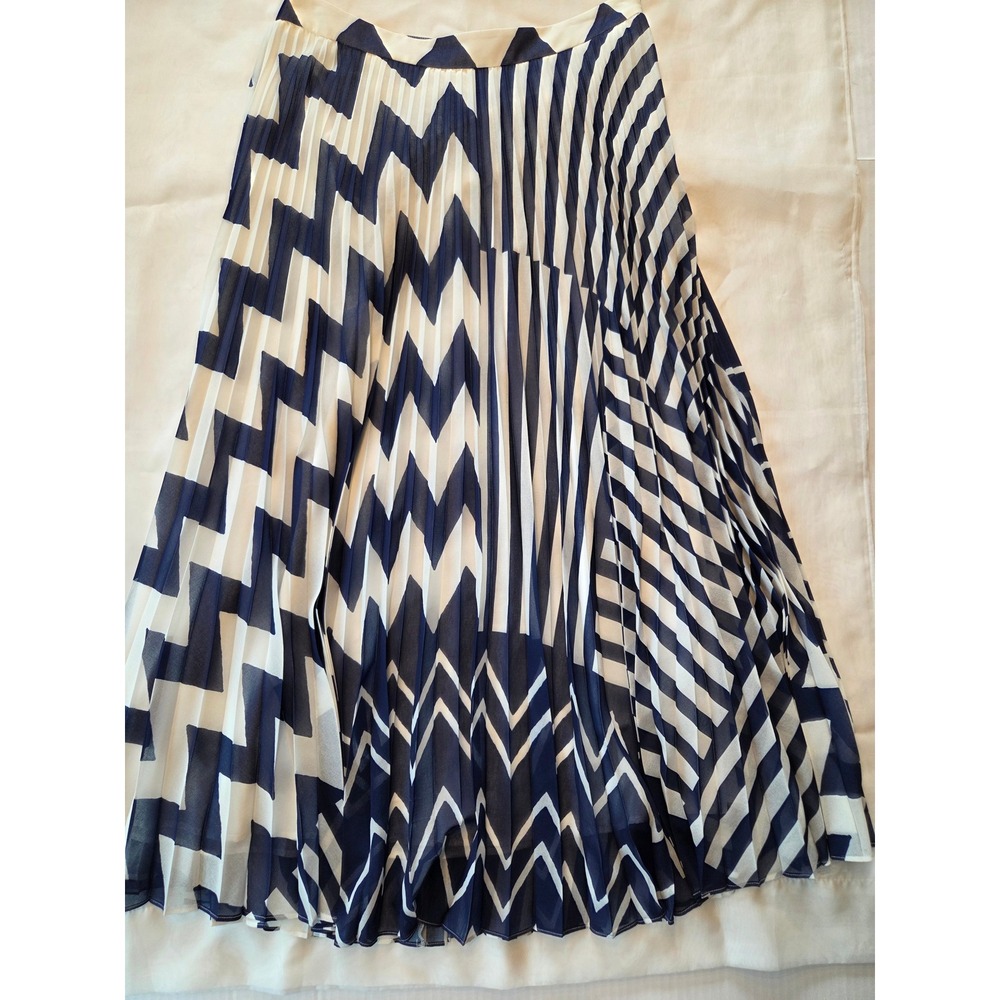 Milly Otha Navy Blue White Geometric Pleated Midi Skirt Chevron Stripe Size 8